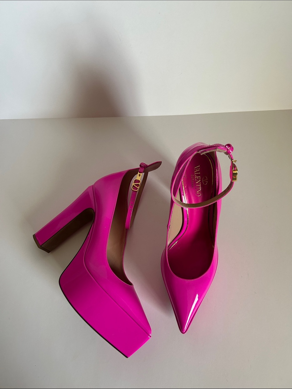 Valentino Hot Pink Patent Leather Platform Pumps with Ankle Strap
